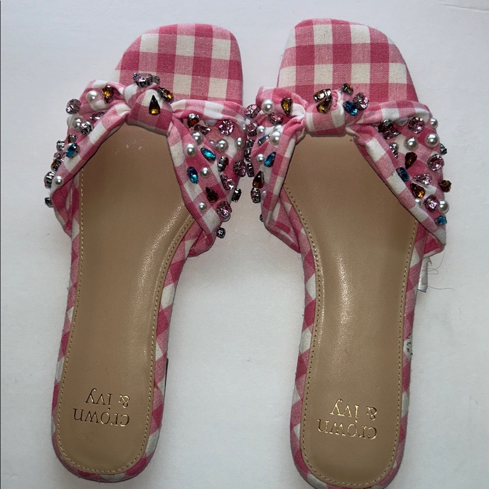 Crown & Ivy Pink Gingham Embellished Women's Sandals